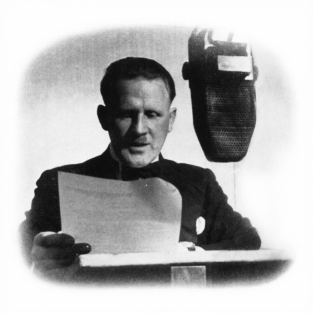 A man reads a script in front of a microphone